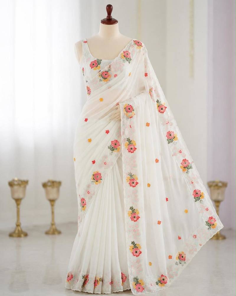 White georgette sequins work embroidered saree