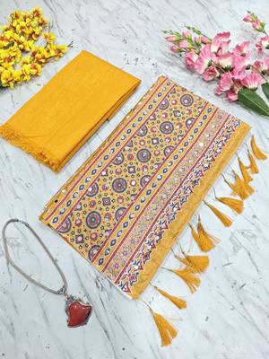 Beautiful yellow ajarakh print with real mirror work saree 5