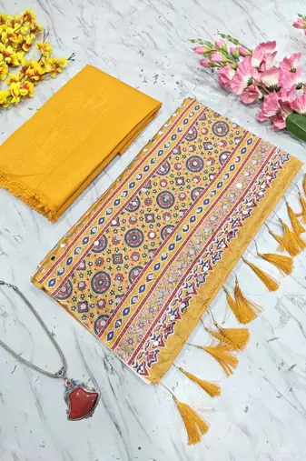 Beautiful yellow ajarakh print with real mirror work saree