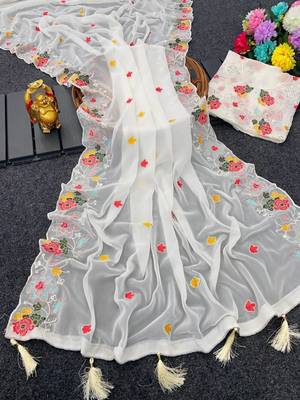 White georgette sequins work embroidered saree 3