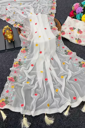 White georgette sequins work embroidered saree