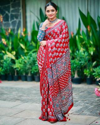 Beautiful maroon ajarakh print with real mirror work saree 1