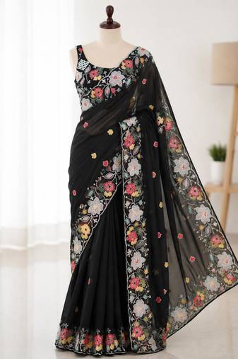Black georgette resham embroidery embroidered saree