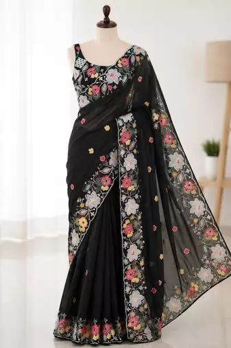 Black georgette resham embroidery embroidered saree