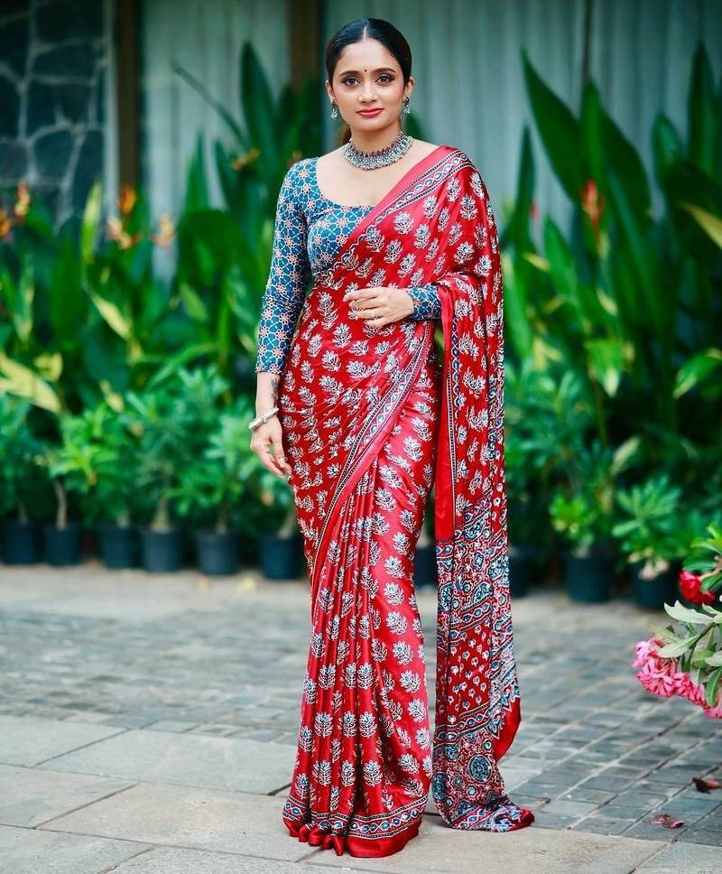 Beautiful maroon ajarakh print with real mirror work saree
