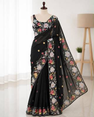 Black georgette resham embroidery embroidered saree 2