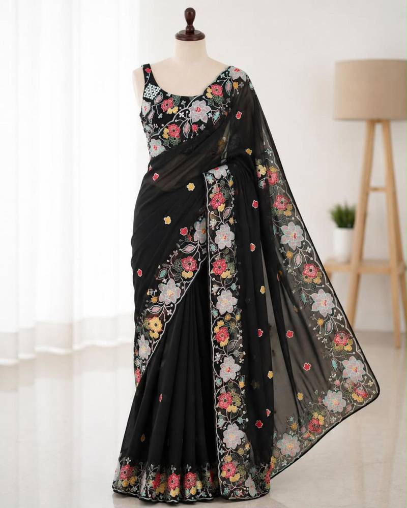 Black georgette resham embroidery embroidered saree