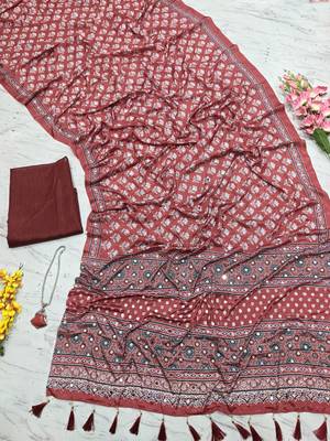 Beautiful maroon ajarakh print with real mirror work saree 3