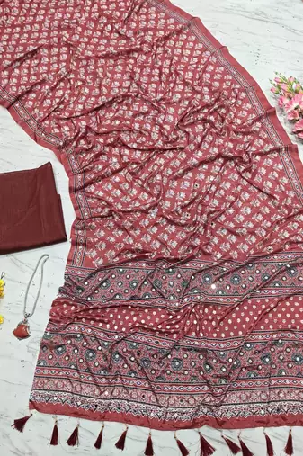 Beautiful maroon ajarakh print with real mirror work saree