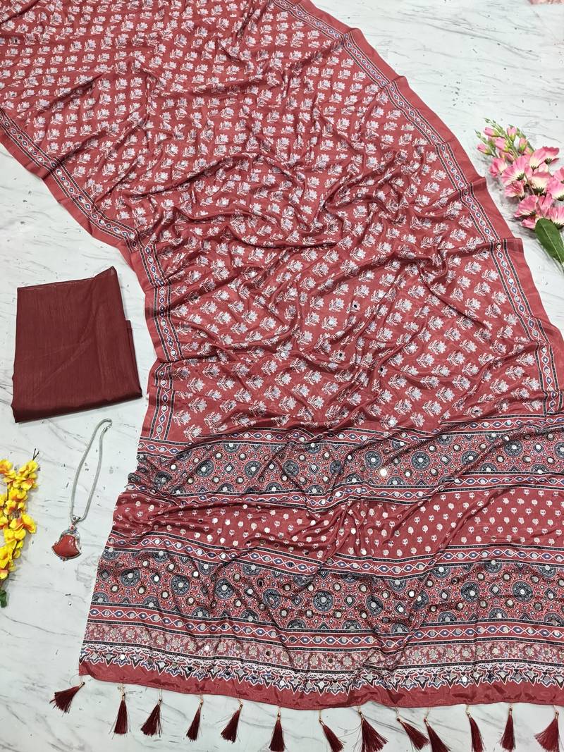 Beautiful maroon ajarakh print with real mirror work saree