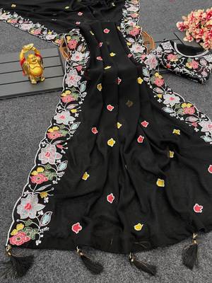 Black georgette resham embroidery embroidered saree 3
