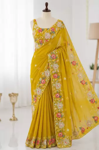 Mustard georgette resham embroidery embroidered saree