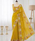 Mustard georgette resham embroidery embroidered saree
