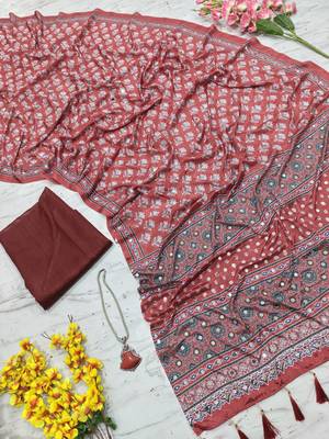 Beautiful maroon ajarakh print with real mirror work saree 4