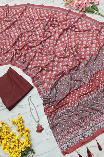 Beautiful maroon ajarakh print with real mirror work saree