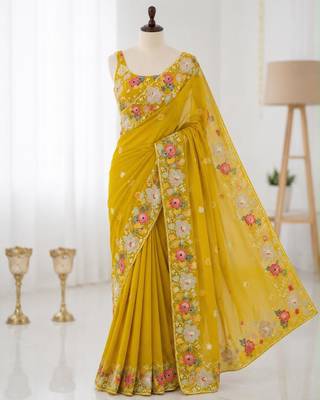 Mustard georgette resham embroidery embroidered saree 2