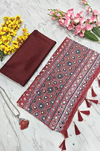Beautiful maroon ajarakh print with real mirror work saree