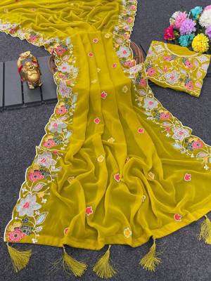 Mustard georgette resham embroidery embroidered saree 3