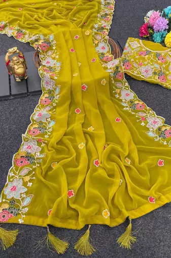 Mustard georgette resham embroidery embroidered saree