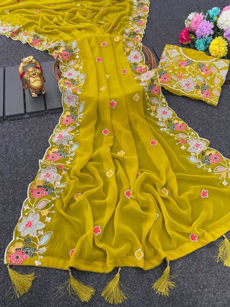 Mustard georgette resham embroidery embroidered saree