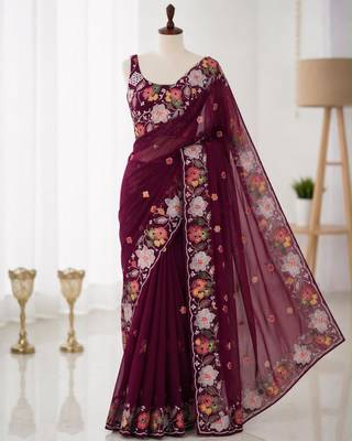 Wine georgette resham embroidery embroidered saree 1