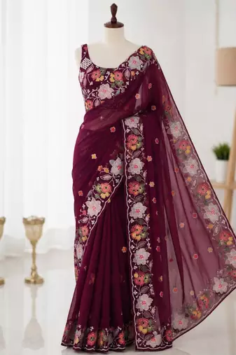 Wine georgette resham embroidery embroidered saree