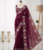 Wine georgette resham embroidery embroidered saree