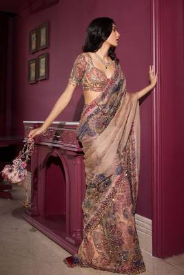Cream soft georgette with mirror work saree 2