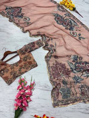 Cream soft georgette with mirror work saree 4