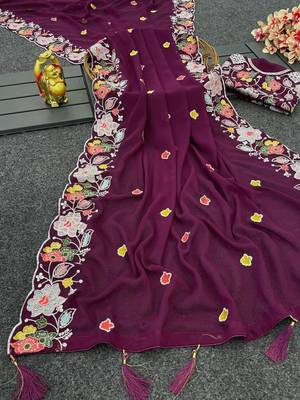 Wine georgette resham embroidery embroidered saree 3