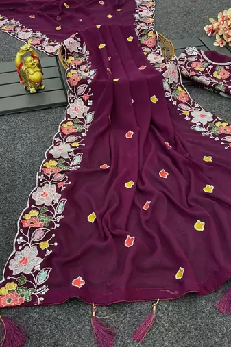 Wine georgette resham embroidery embroidered saree