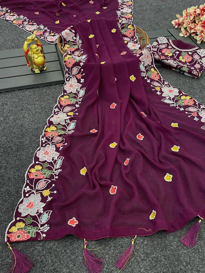 Wine georgette resham embroidery embroidered saree