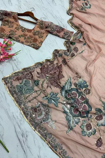 Cream soft georgette with mirror work saree