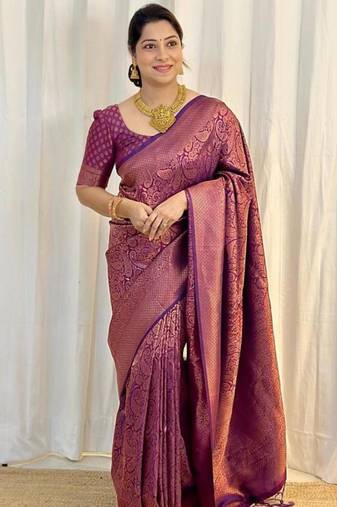Purple silk blend zari woven woven saree