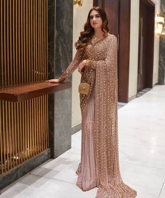 Light pink premium butterfly net embellished saree 1