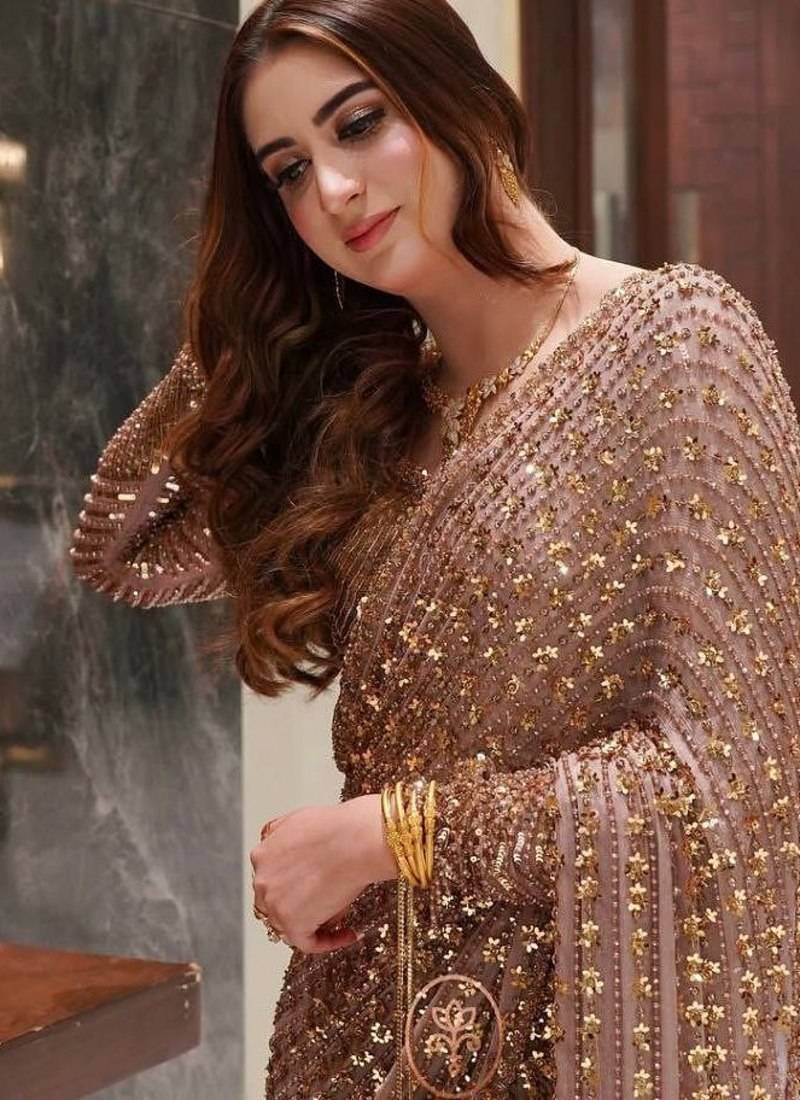 Light pink premium butterfly net embellished saree