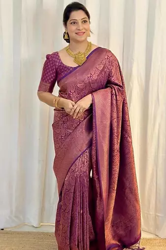 Purple silk blend zari woven woven saree