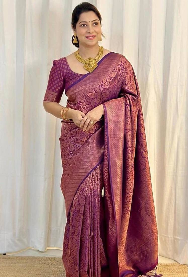 Purple silk blend zari woven woven saree