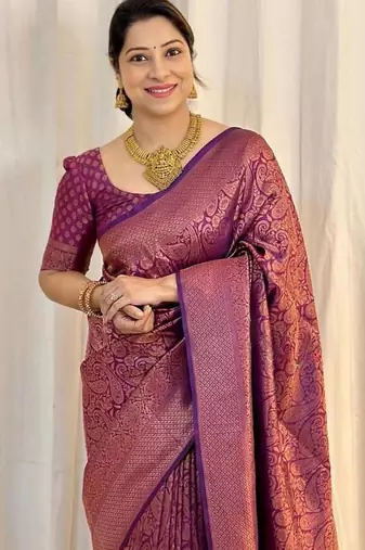 Purple silk blend zari woven woven saree