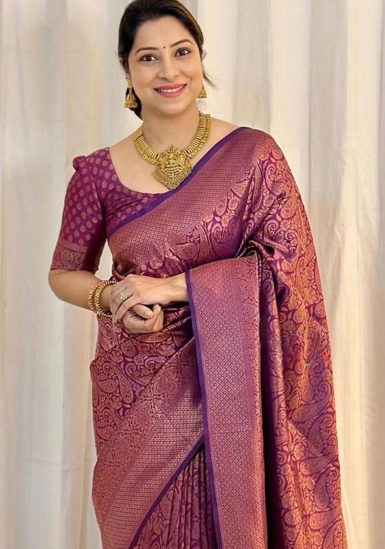 Purple silk blend zari woven woven saree