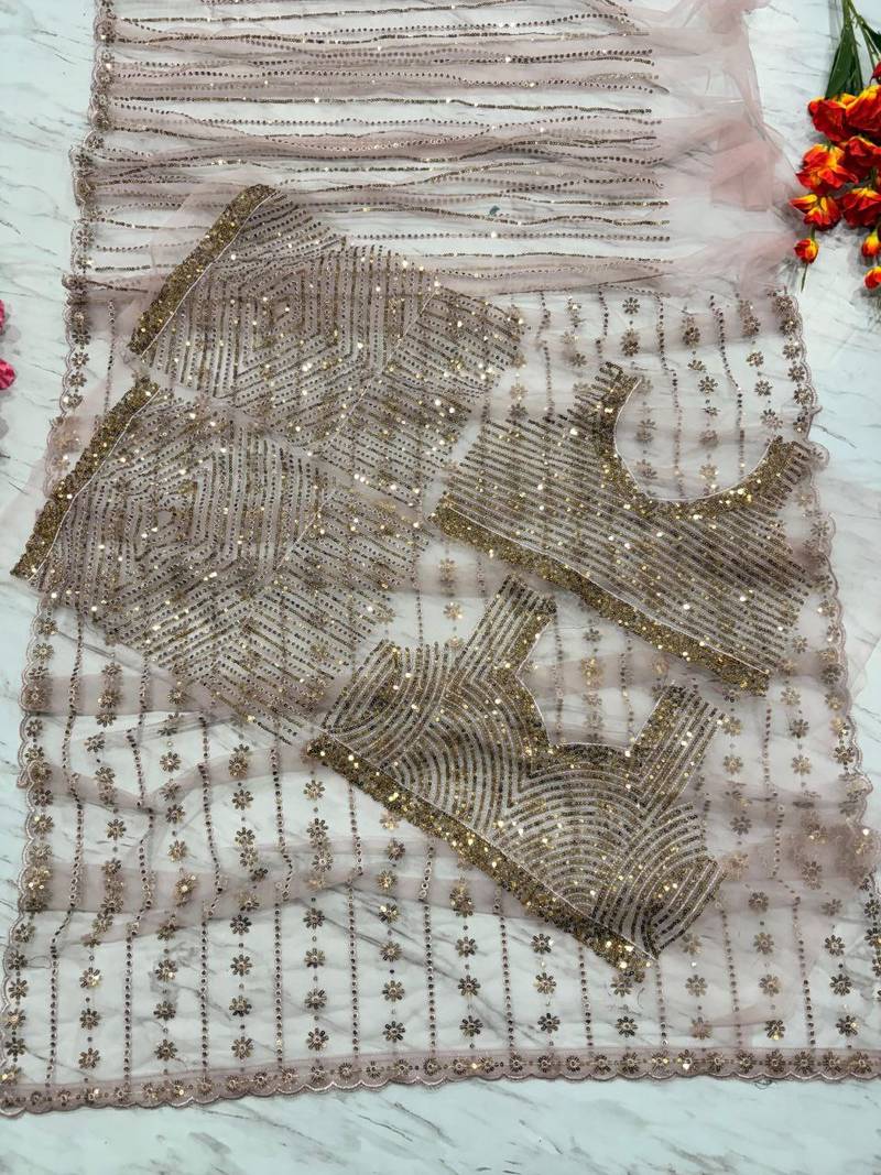 Light pink premium butterfly net embellished saree