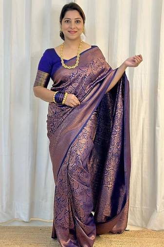Royal blue silk blend zari woven woven saree