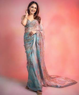 sky blue soft tabby silk blend with mirror work saree 1
