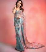 sky blue soft tabby silk blend with mirror work saree