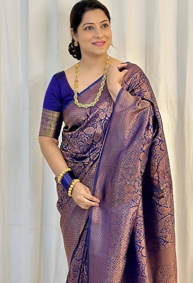 Royal blue silk blend zari woven woven saree