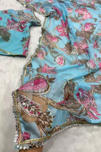 sky blue soft tabby silk blend with mirror work saree
