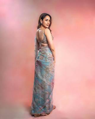 sky blue soft tabby silk blend with mirror work saree 3