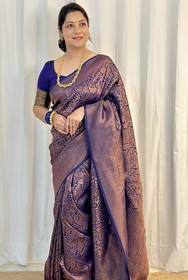 Royal blue silk blend zari woven woven saree