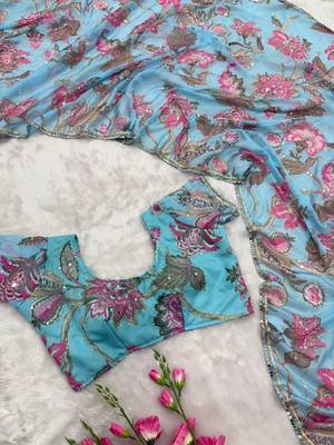 sky blue soft tabby silk blend with mirror work saree 4