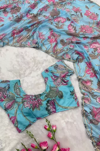 sky blue soft tabby silk blend with mirror work saree
